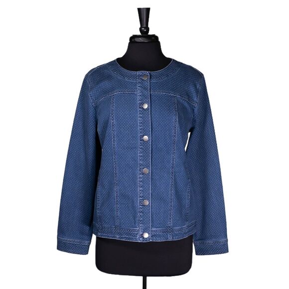 Chico's Women's Denim Jacket Blue White Polka Dot Stretch Vintage Size 2 L/12 - Picture 1 of 9